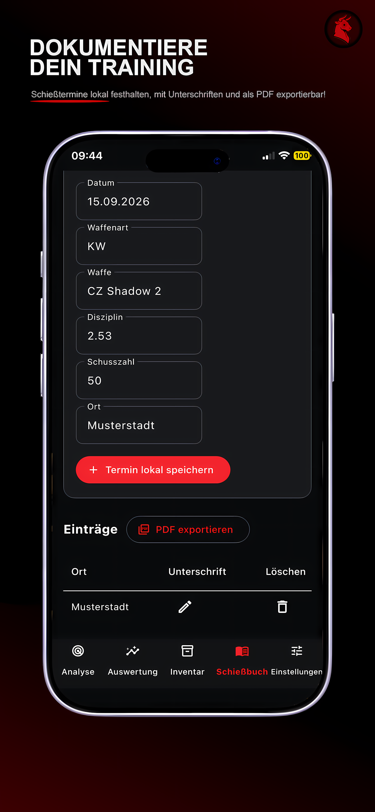 BullsAI digitales Schießbuch mit Trainingsdaten und PDF-Export.